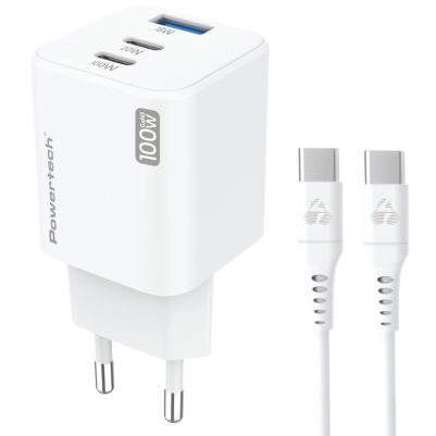 POWERTECH μίνι φορτιστής τοίχου PT-1671 με καλώδιο, USB/2x USB-C, 100W, GaN, λευκός