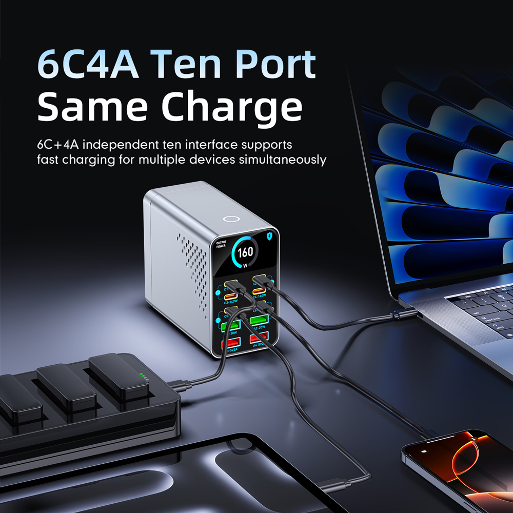 POWERTECH σταθμός φόρτισης PT-1687, 4x USB & 6x USB-C, GaN, 165W, γκρι - Image 2