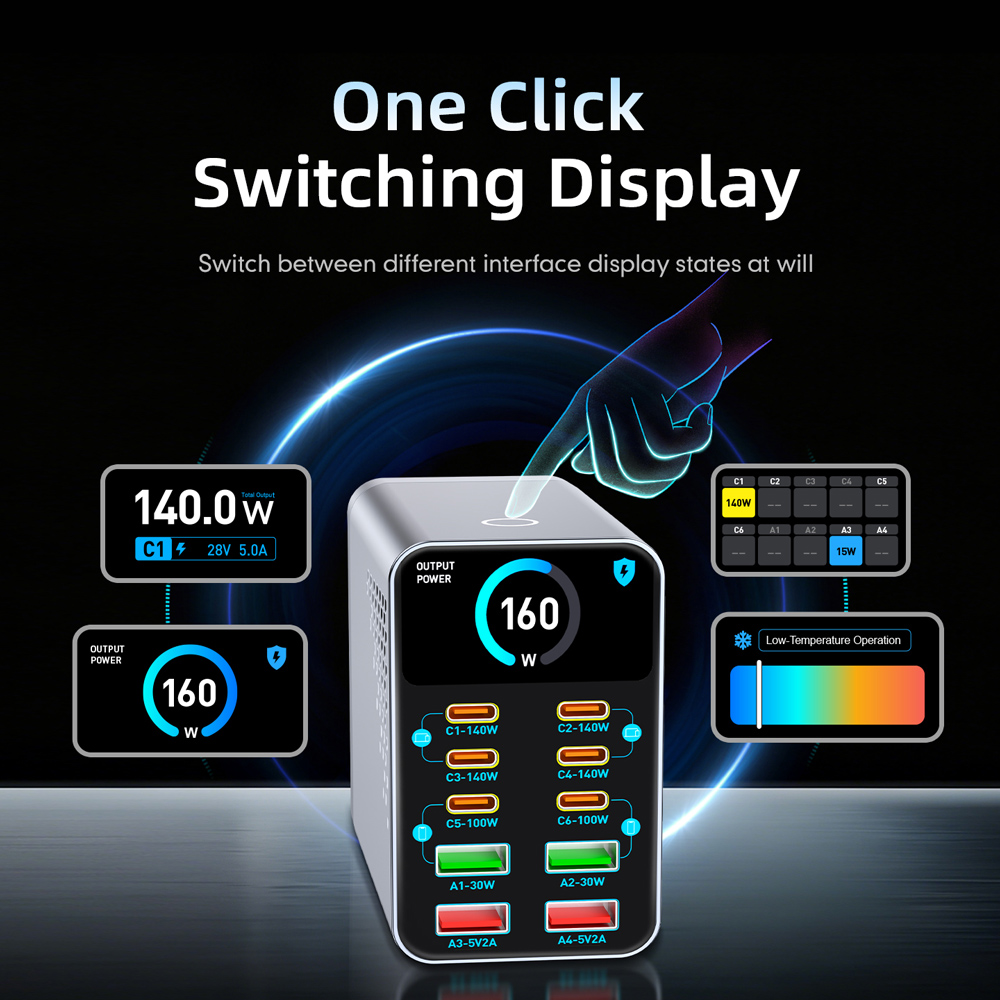 POWERTECH σταθμός φόρτισης PT-1687, 4x USB & 6x USB-C, GaN, 165W, γκρι - Image 3