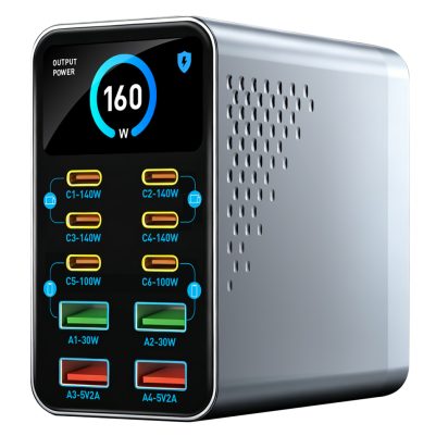 POWERTECH σταθμός φόρτισης PT-1687, 4x USB & 6x USB-C, GaN, 165W, γκρι
