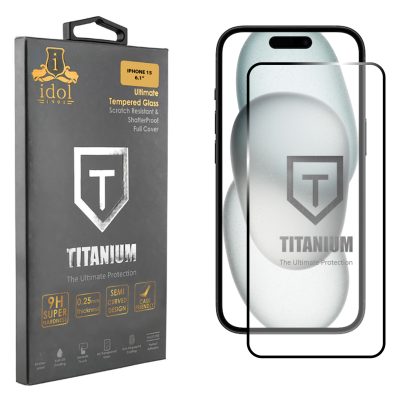 IDOL 1991 TITANIUM TEMPERED GLASS IPHONE 15 6.1in 9H 0.25mm  SEMI CURVED FULL GLUE BLACK