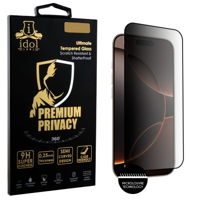 IDOL 1991 PREMIUM PRIVACY ANTISPY TEMPERED GLASS IPHONE 16 PRO MAX 6.9in 9H 0.25mm SEMI CURVED FULL GLUE BLACK