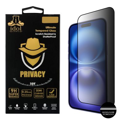 IDOL 1991 PRIVACY ANTISPY TEMPERED GLASS IPHONE 16 6.1in 9H 0.25mm SEMI CURVED FULL GLUE BLACK