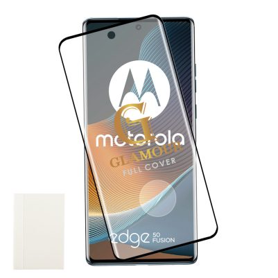 IDOL 1991 GLAMOUR TEMPERED GLASS MOTOROLA EDGE 50 FUSION 6.7in9H 0.30mm FULL COVER 3D FULL GLUE FINGER UNLOCK BLACK+SQUEEZY CARD