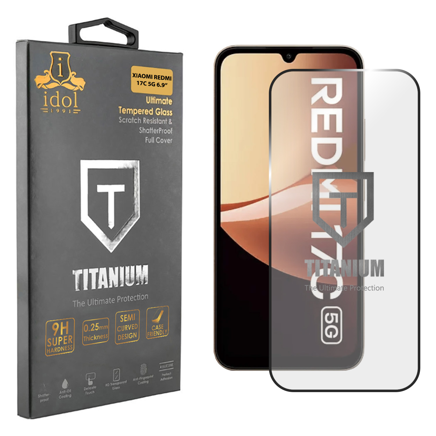IDOL 1991 TITANIUM TEMPERED GLASS XIAOMI REDMI 17C 5G 6.9in 9H 0.25mm SEMI CURVED FULL GLUE BLACK