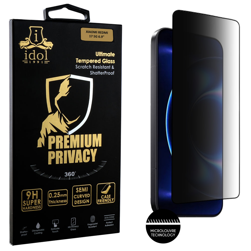 IDOL 1991 PREMIUM PRIVACY ANTISPY TEMPERED GLASS XIAOMI REDMI 17 5G 6.9in 9H 0.25mm SEMI CURVED FULL GLUE BLACK