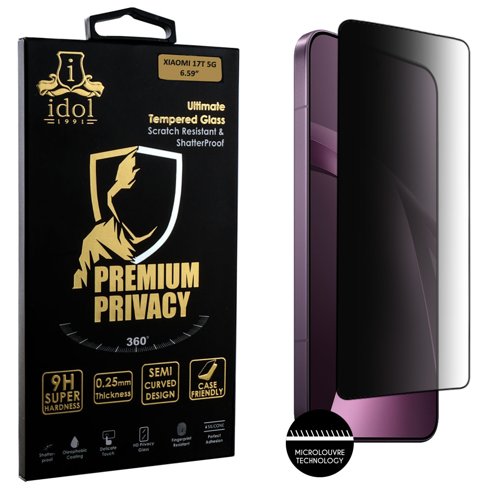 IDOL 1991 PREMIUM PRIVACY ANTISPY TEMPERED GLASS XIAOMI 17T 5G 6.59in 9H 0.25mm SEMI CURVED FINGER UNLOCK FULL GLUE BLACK