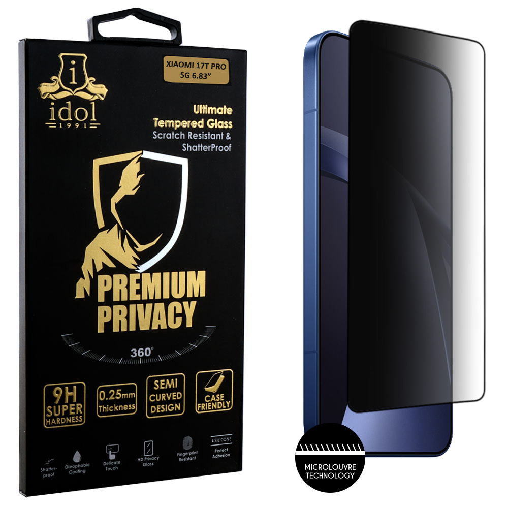 IDOL 1991 PREMIUM PRIVACY ANTISPY TEMPERED GLASS XIAOMI 17T PRO 5G 6.83in 9H 0.25mm SEMI CURVED FINGER UNLOCK FULL GLUE BLACK