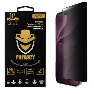 IDOL 1991 PRIVACY ANTISPY TEMPERED GLASS IPHONE 18 PRO 6.3in 9H 0.25mm SEMI CURVED FULL GLUE BLACK