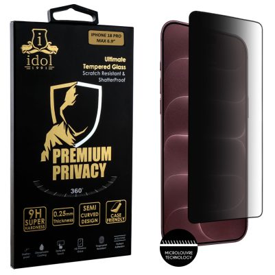 IDOL 1991 PREMIUM PRIVACY ANTISPY TEMPERED GLASS IPHONE 18 PRO MAX 6.9in 9H 0.25mm SEMI CURVED FULL GLUE BLACK