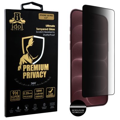 IDOL 1991 PREMIUM PRIVACY ANTISPY TEMPERED GLASS IPHONE 18 PRO 6.3in 9H 0.25mm SEMI CURVED FULL GLUE BLACK