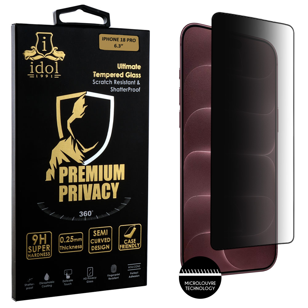 IDOL 1991 PREMIUM PRIVACY ANTISPY TEMPERED GLASS IPHONE 18 PRO 6.3in 9H 0.25mm SEMI CURVED FULL GLUE BLACK