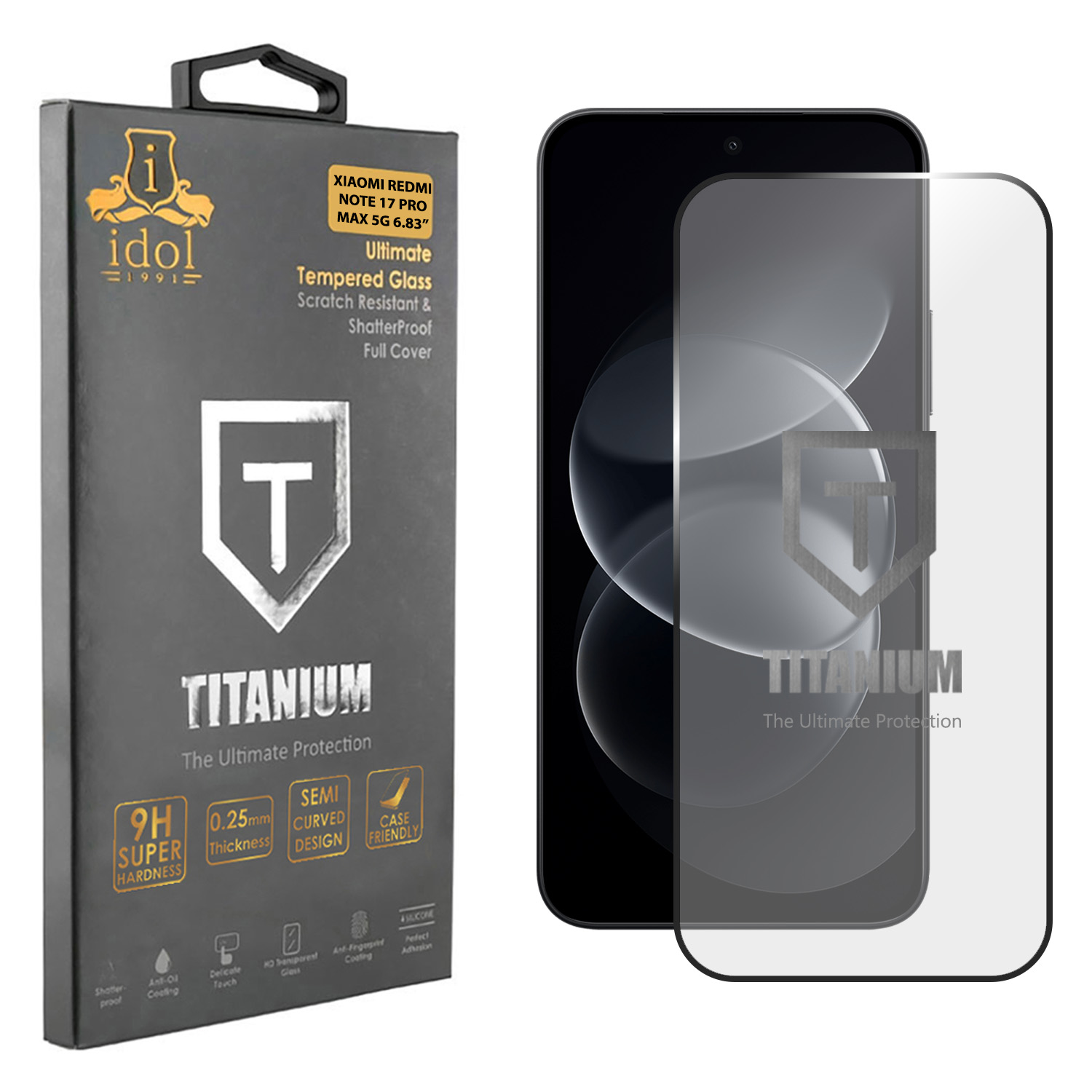 IDOL 1991 TITANIUM TEMPERED GLASS XIAOMI REDMI NOTE 17 PRO MAX 5G 6.83in 9H 0.25mm SEMI CURVED FINGER UNLOCK FULL GLUE BLACK
