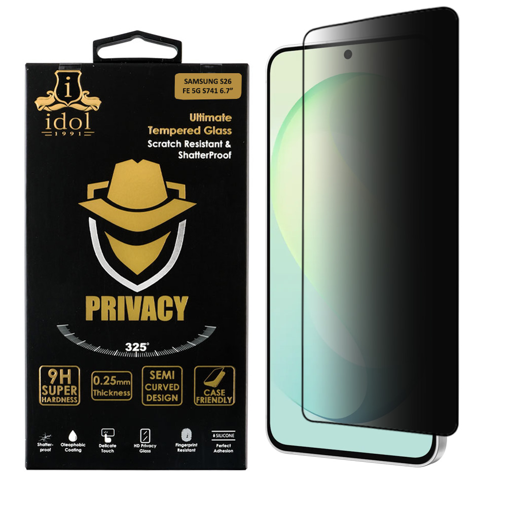 IDOL 1991 PRIVACY ANTISPY TEMPERED GLASS SAMSUNG S26 FE 5G S741 6.7in 9H 0.25mm 3D SEMI CURVED EDGE GLUE BLACK
