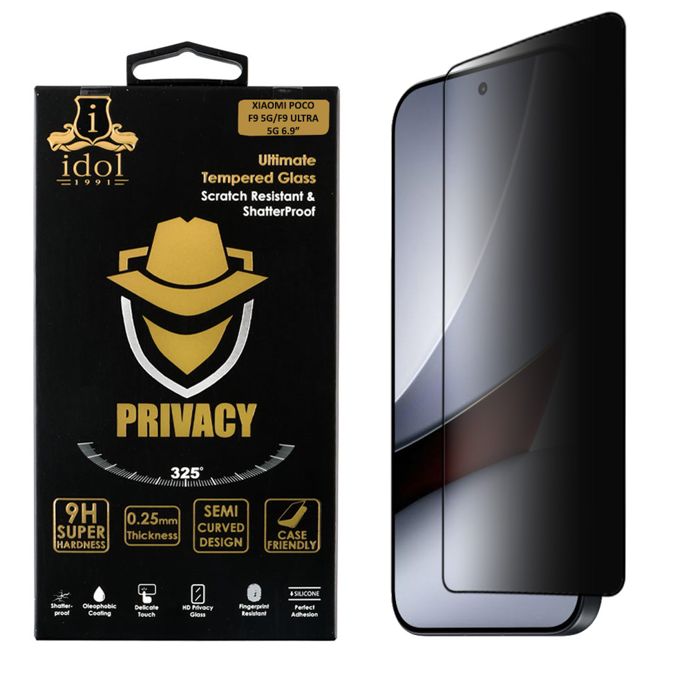 IDOL 1991 PRIVACY ANTISPY TEMPERED GLASS XIAOMI POCO F9 5G/F9 ULTRA 5G 6.9in 9H 0.25mm SEMI CURVED FULL GLUE BLACK