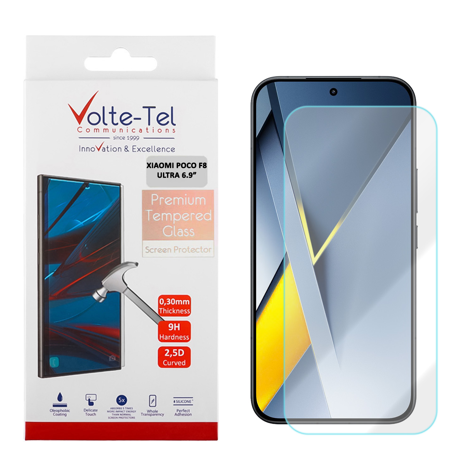 VOLTE-TEL TEMPERED GLASS XIAOMI POCO F8 ULTRA 6.9in FINGER UNLOCK 9H 0.20mm 2.5D FULL GLUE