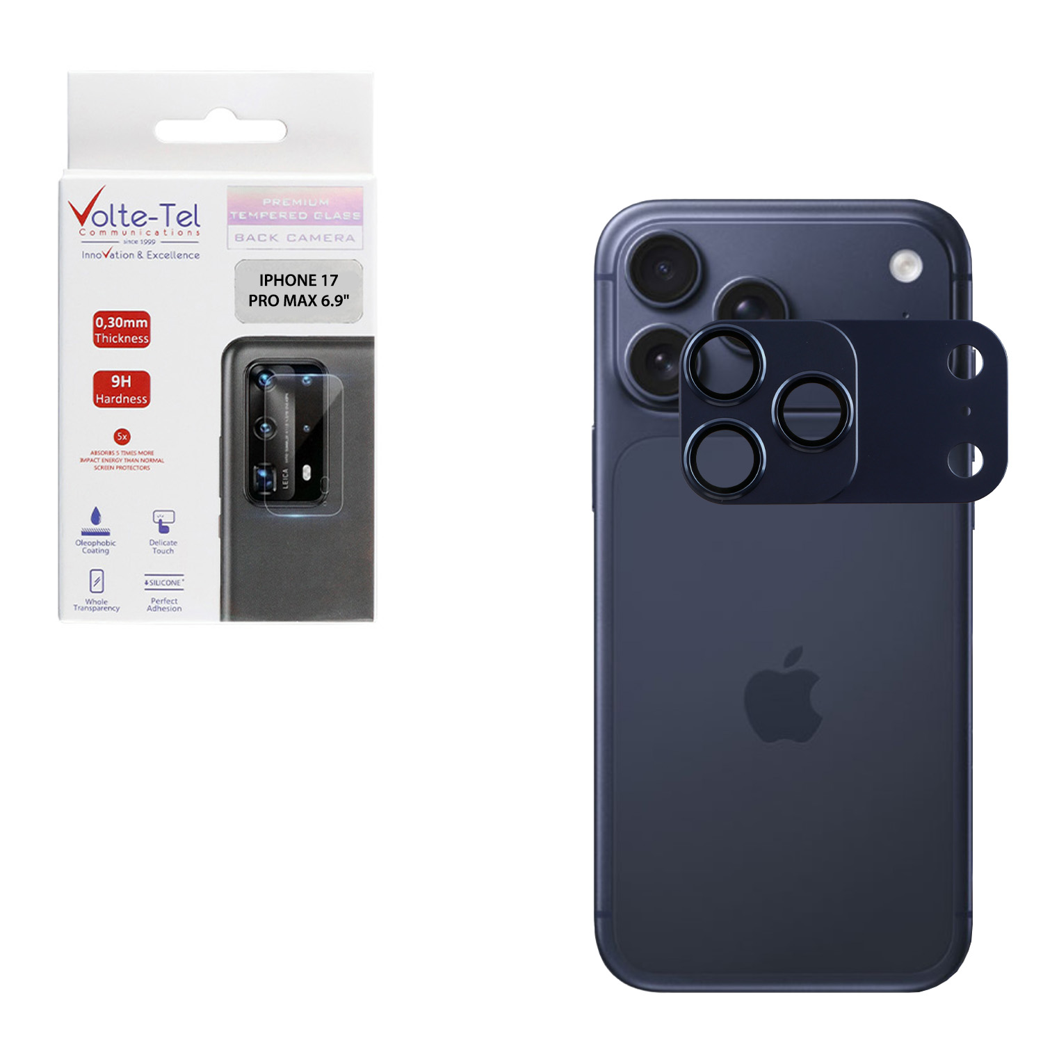 VOLTE-TEL CAMERA GLASS COVER IPHONE 17 PRO MAX 6.9in 9H 0.30MM 3D AR ALUMINIUM-ELECTROPLATING FRAME - MAGNETIC BLUE